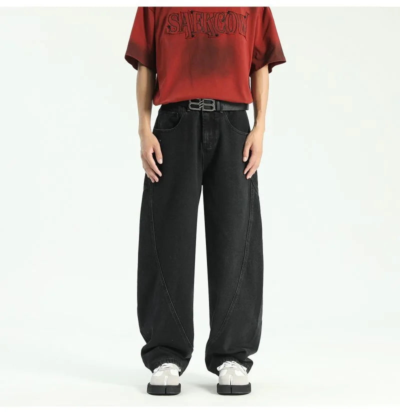 new vintage men s patchwork baggy jeans draped straight leg denim trousers autumn korean fashion high street casual y2k jean unique jeans style 539