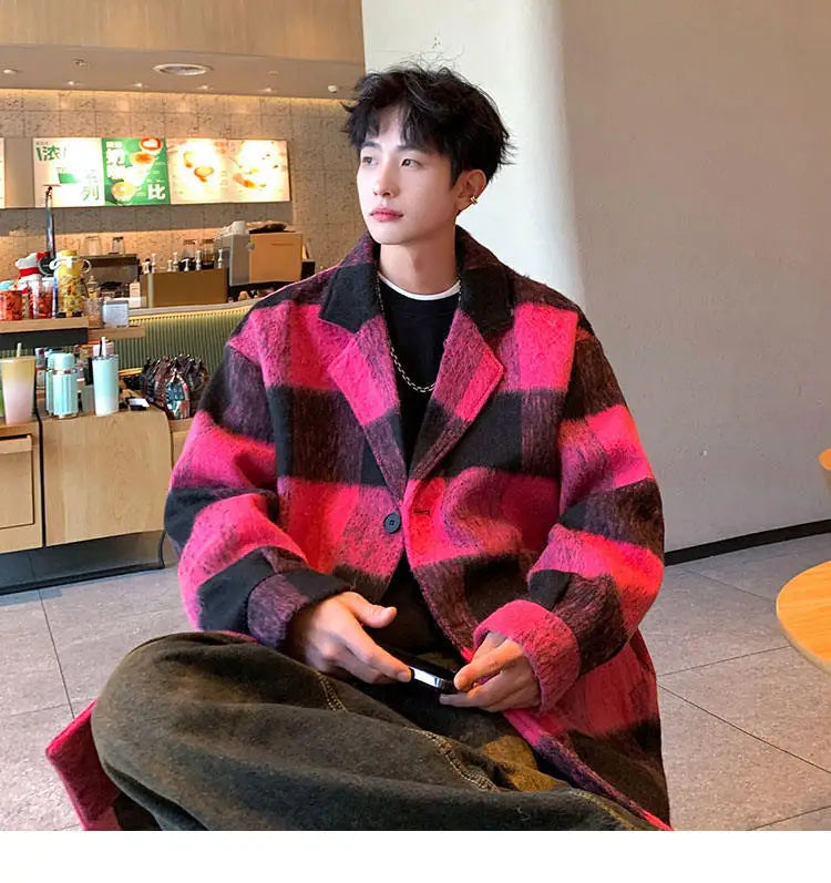 plaid woolen trenchcoat men autumn winter fashion retro streetwear suit collar loose casual trendy trench coat outerwear unique default style 1196