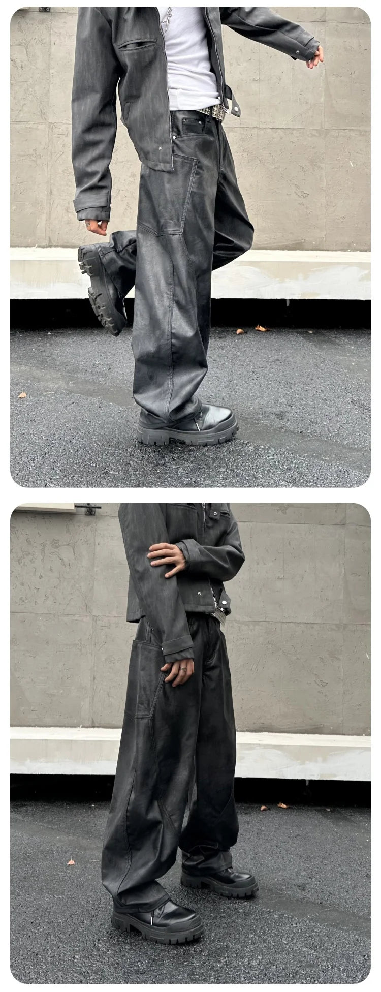 men brand fashion splice pocket loose casual wide leg leather baggy pant cityboy streetwear cargo motorcycle pants trousers unique cargo style 2425