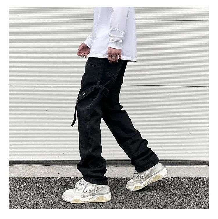 fashion knee adjust belt decoration denim jeans zipper straight jeans hip hop streetwear mens casual loose joggers jeans pants unique joggers style 1539