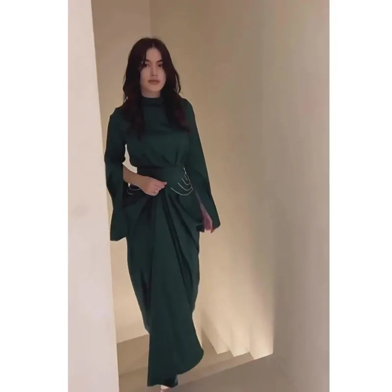 Elegant Lady Long Satin Dress Half High Collar Flare Sleeves Party Bodycon Dress Streetwear Solid Slim Evening Dresses For Women Street King Limited