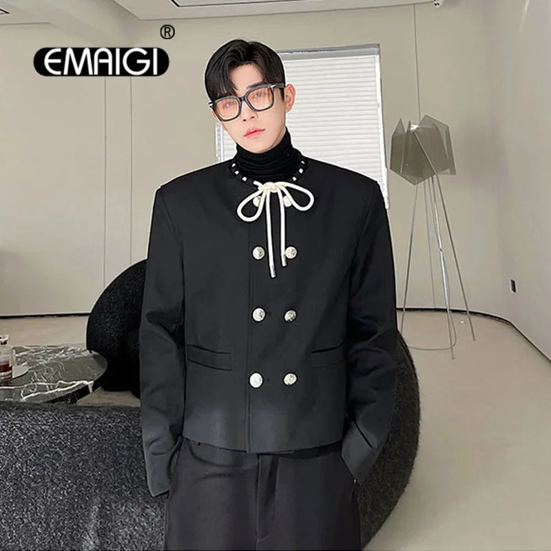 men double breasted drawstring collar loose casual fashion short jacket male korean streetwear vintage coat man casual urban shorts