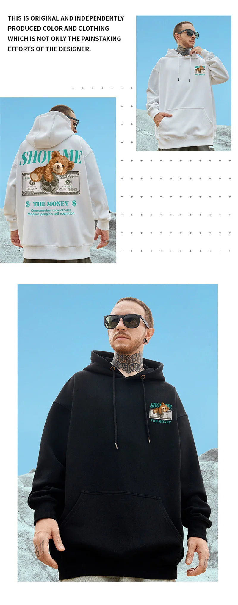 Money Bear Print Fleece Hoodies For Men Autumn Hip Hop Hooded Sweatshirts Unisex Pullovers Streetwear y2k Hoodie Tracksuit Homme Street King Limited