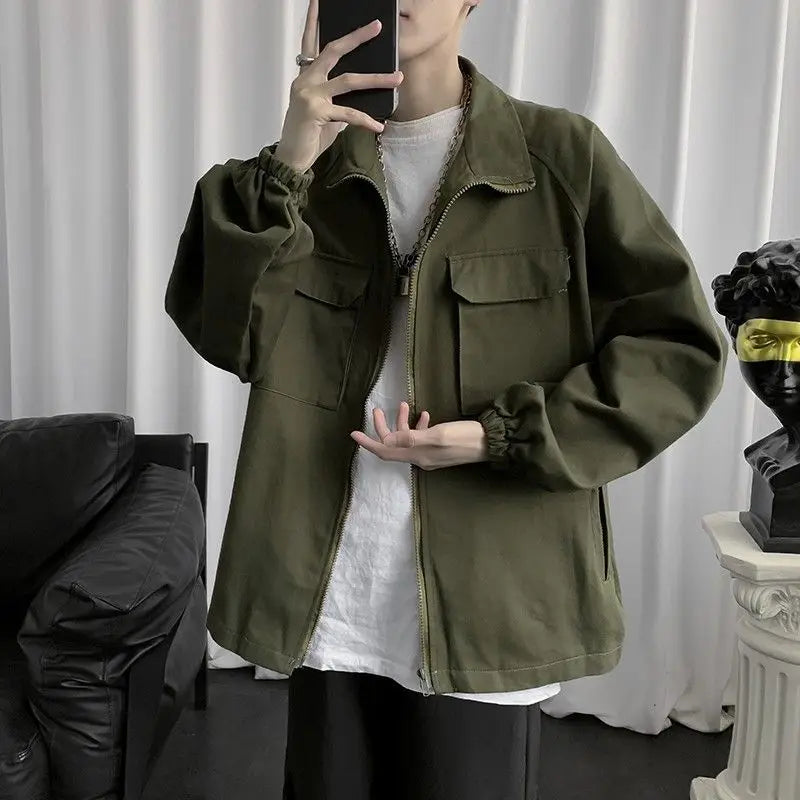 work jacket mens spring and autumn korean style trendy handsome top ins trendy brand loose hong kong style stand collar jacket clean everyday pants