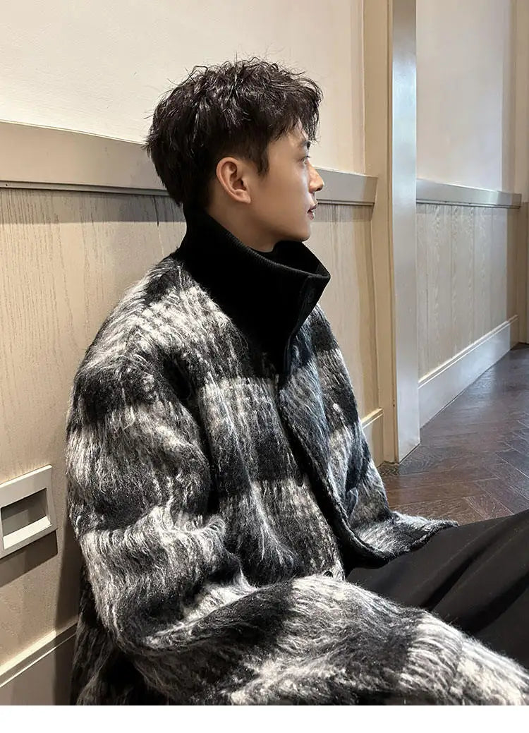 men turtleneck trendy brand fashion stripe christmas woolen bomber jacket women oversize plaid top coat outerwear unique default style 1164