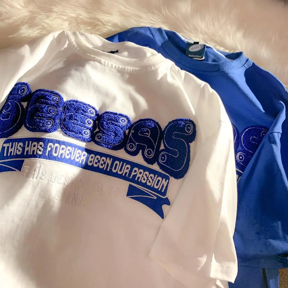 Retro Klein Blue Flocking Embroidery T Shirts Fashion Preppy Oversized Short Sleeve Tops 2022 Summer Large 3XL Casual Men Women Street King Limited
