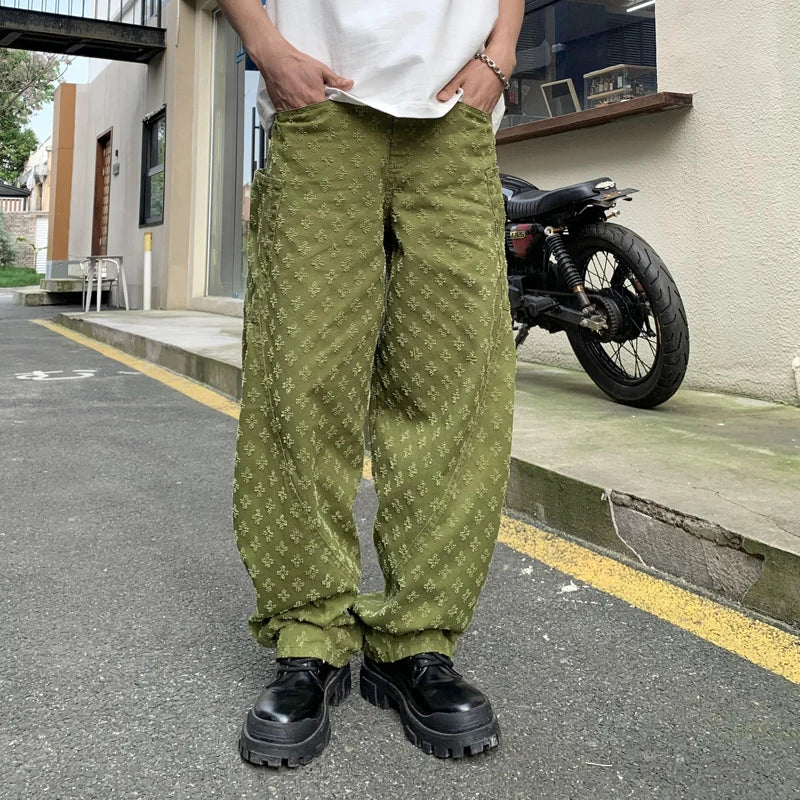 men brand fashion wash jacquard denim splice pocket loose casual wide leg baggy jeans cityboy cargo jeans pants trousers unique cargo style 2443