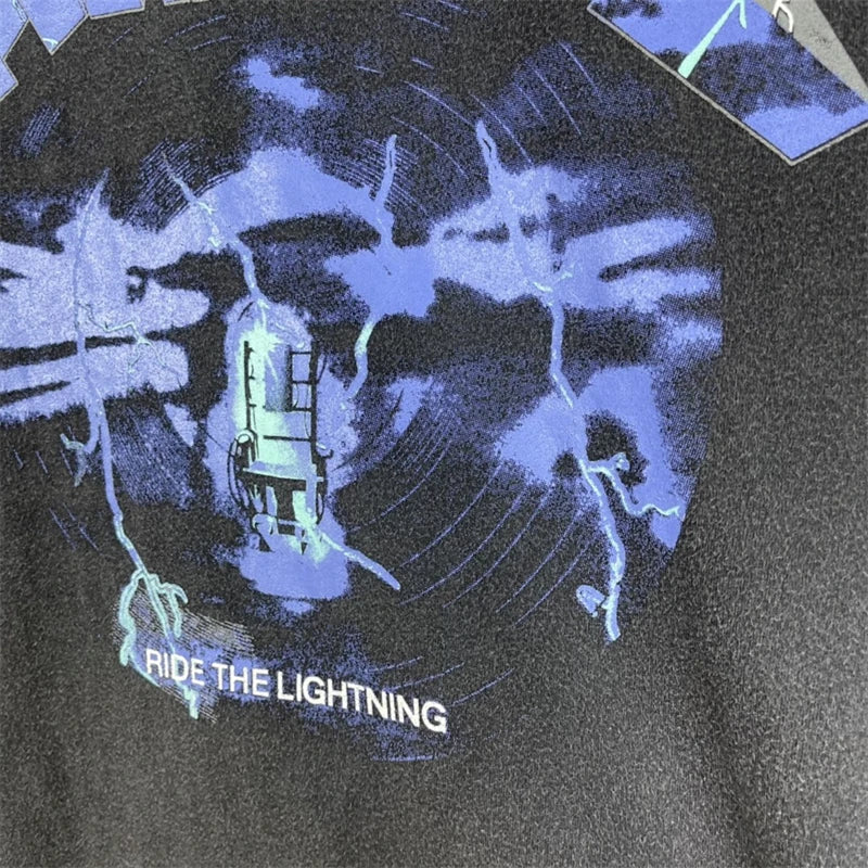 Summer Vintage High Street Wash Lightning Print T-shirt Vintage Heavy Metal Rock Band Short Sleeve Japanese Street Pure Cotton Street King Limited