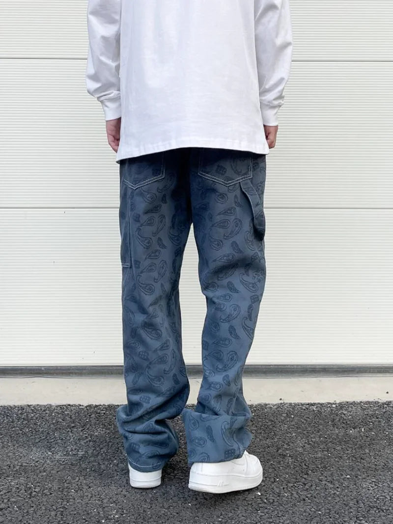 hip hop straight denim jeans pants fashion zipper paisley jeans streetwear mens new casual loose trousers jean pants joggers sporty tapered joggers