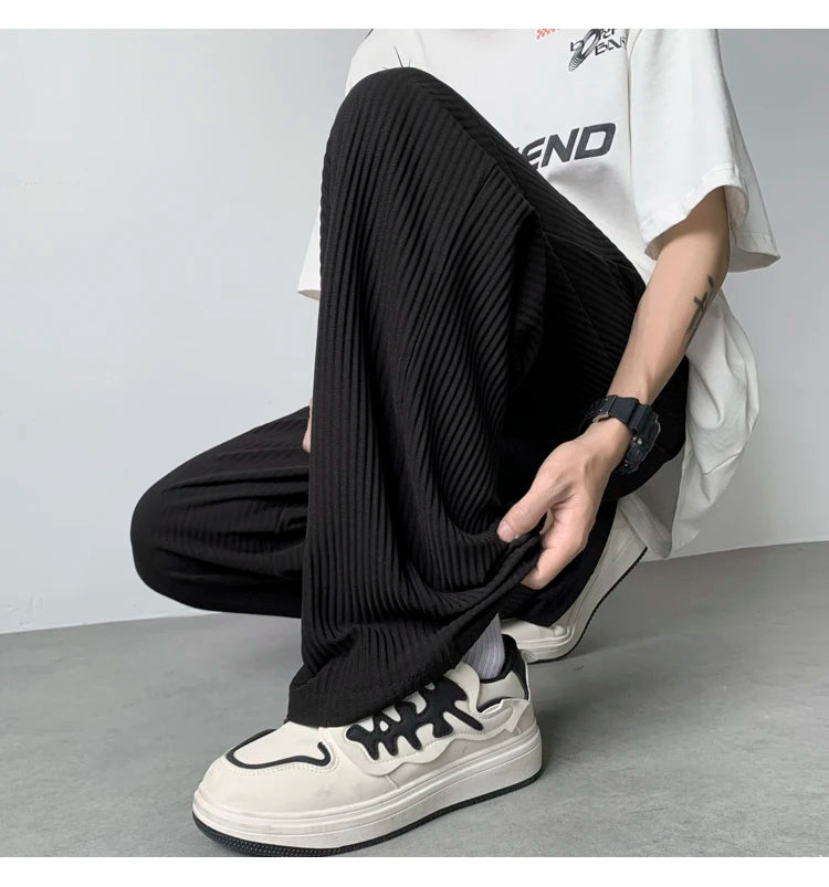 summer pleated pants men fashion oversized ice silk pants men japanese streetwear hip hop loose straight pants mens trousers unique default style 1256