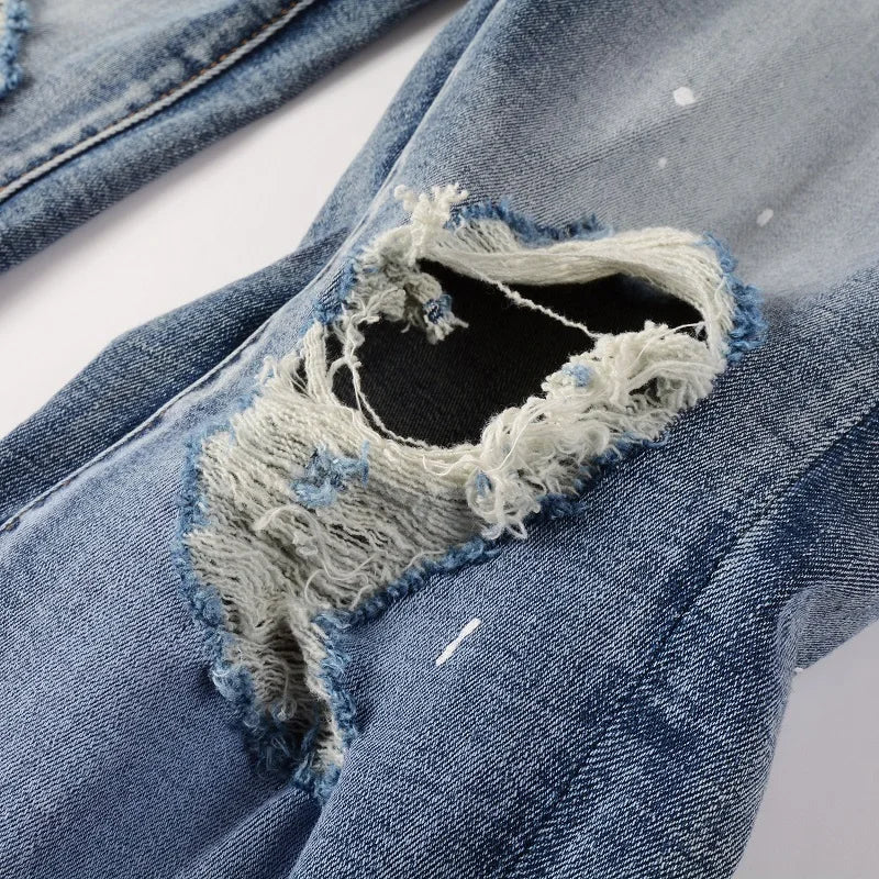 high street printed ripped holes denim jeans mens casual slim fit biker zipper trousers streetwear hip hop jean pants joggers unique joggers style 2451