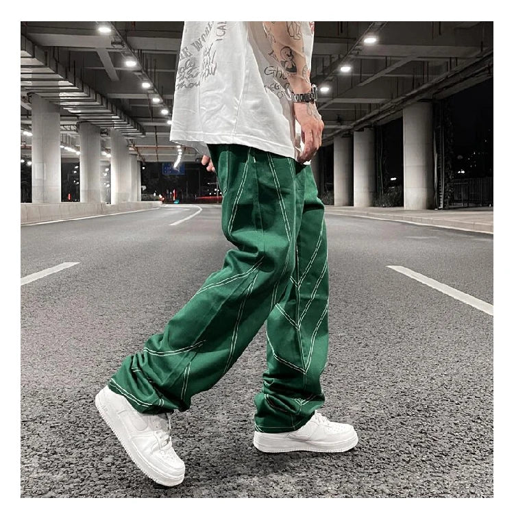 fashion design lines denim jeans mens zipper loose straight trousers hip hop new casual streetwear pants joggers baggy jeans unique joggers style 417