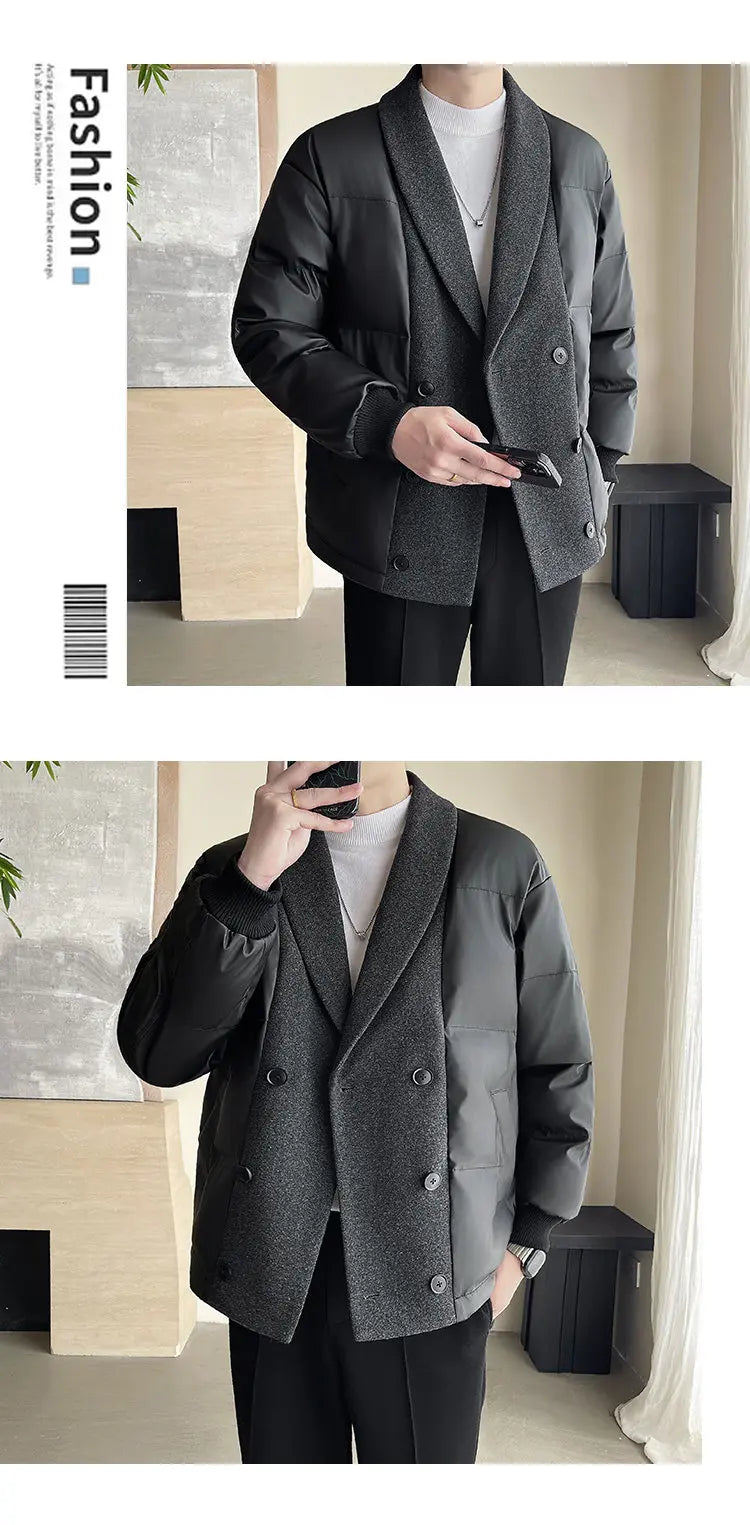 men winter woolen splice cotton padded business casual thicken warm jacket korean streetwear fashion parkas coat outerwear unique default style 1471