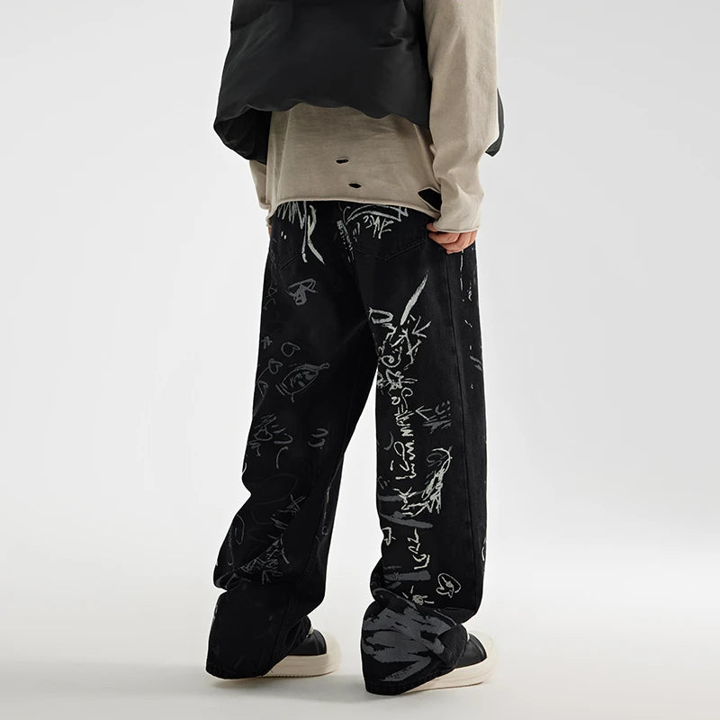 fashion graffiti printed denim jeans men unisex casual zipper wide legs straight jeans streetwear hip hop baggy pants joggers casual joggers