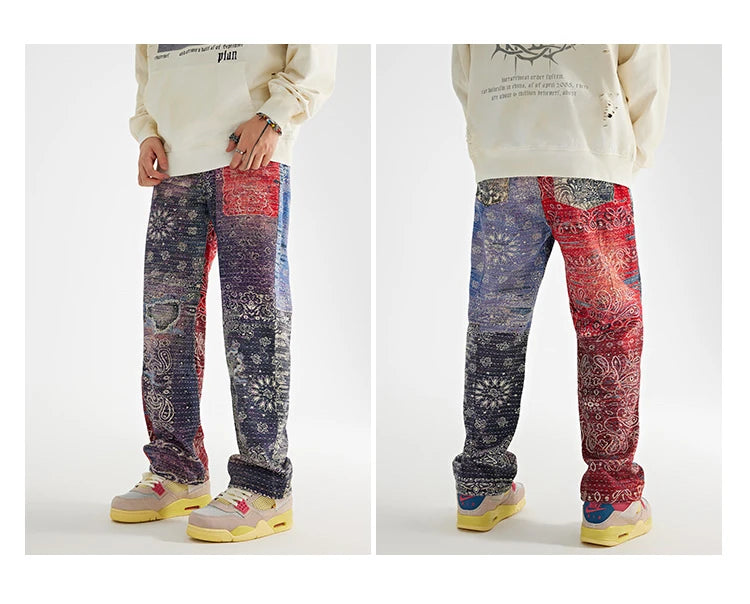hip hop paisley printed denim jeans mens new casual zipper straight jeans streetwear high street loose pants baggy jeans joggers unique joggers style 1389