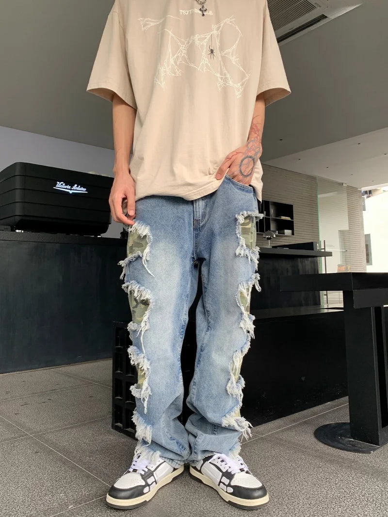 side destroyed ripped holes denim jeans pants mens casual patchwork camouflage loose straight joggers hip hop streetwear jeans relaxed fit joggers