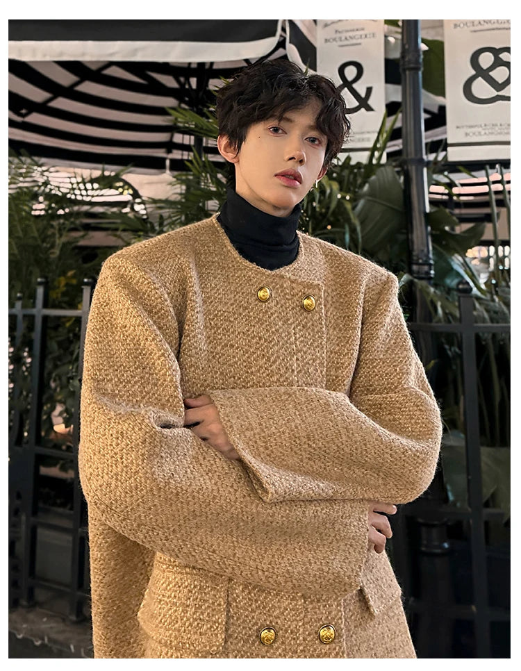 men double breasted french retro loose casual woolen short jacket man korean streetwear show fashion coat autumn outerwear unique shorts style 1306