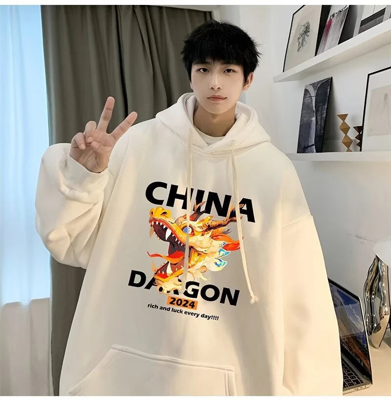 2024 New China Dragon Graphic Hoodies Men Hip Hop Streetwear Hoodie Sweatshirt Harajuku Fleece Printed Pullover Hoody Clothes Street King Limited