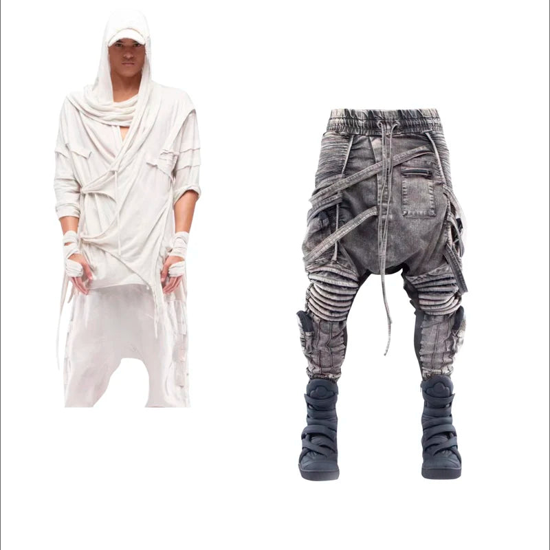 vintage motorcycle trousers joggers mens asymmetric straped pleated cross pants function elastic waist trousers urban active pants
