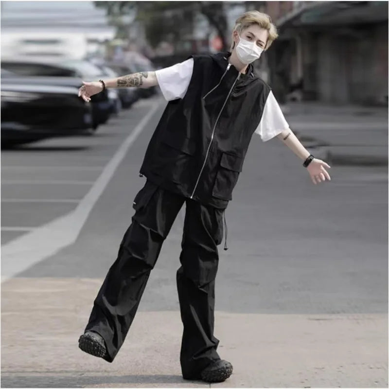 summer casual sleeveless set men hip hop loose hooded vest pockets straight leg cargo pants 2 piece outdoors sports camp suit unique cargo style 3840