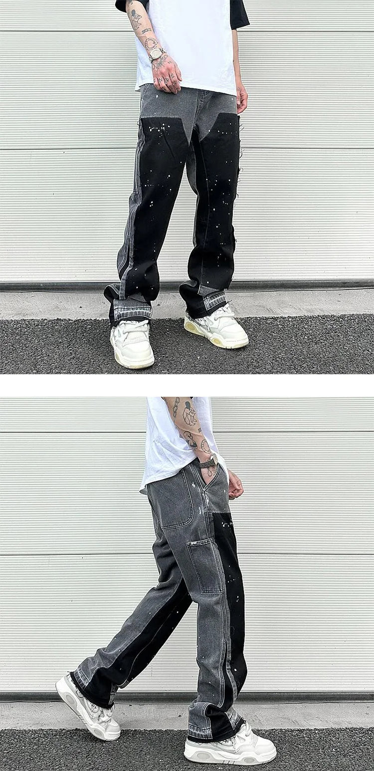 Harajuku Black Graffiti Flared Jeans Pants Patches Hip Hop Splashed Ink Wide Jeans Trousers Blue Slim Fit Washed Jeans for Men Street King Limited
