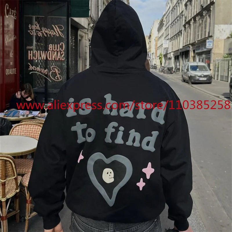 Autumn and Winter American Heavyweight Vintage Long Sleeved Fleece Hooded Sweatshirt Oversize 3D Letter Love Little Ghost Print Street King Limited