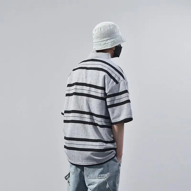 Summer Korean Personalized Men's Retro POLO Shirt Gray and Black Striped Breathable Men's Women's Y2K Summer Half-sleeved Top Street King Limited