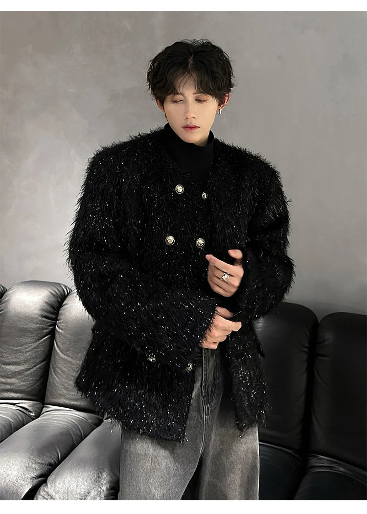 men double breasted french streetwear retro fashion loose casual tassels woolen short jacket man korean coat outerwear unique shorts style 1292