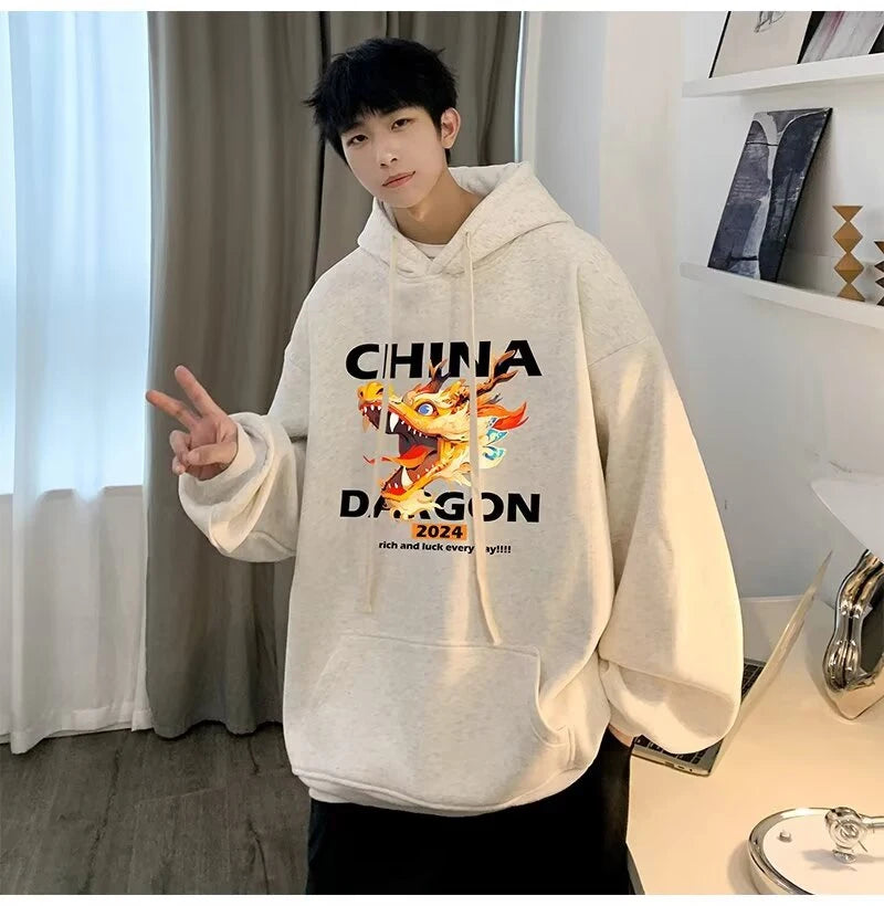 2024 New China Dragon Graphic Hoodies Men Hip Hop Streetwear Hoodie Sweatshirt Harajuku Fleece Printed Pullover Hoody Clothes Street King Limited