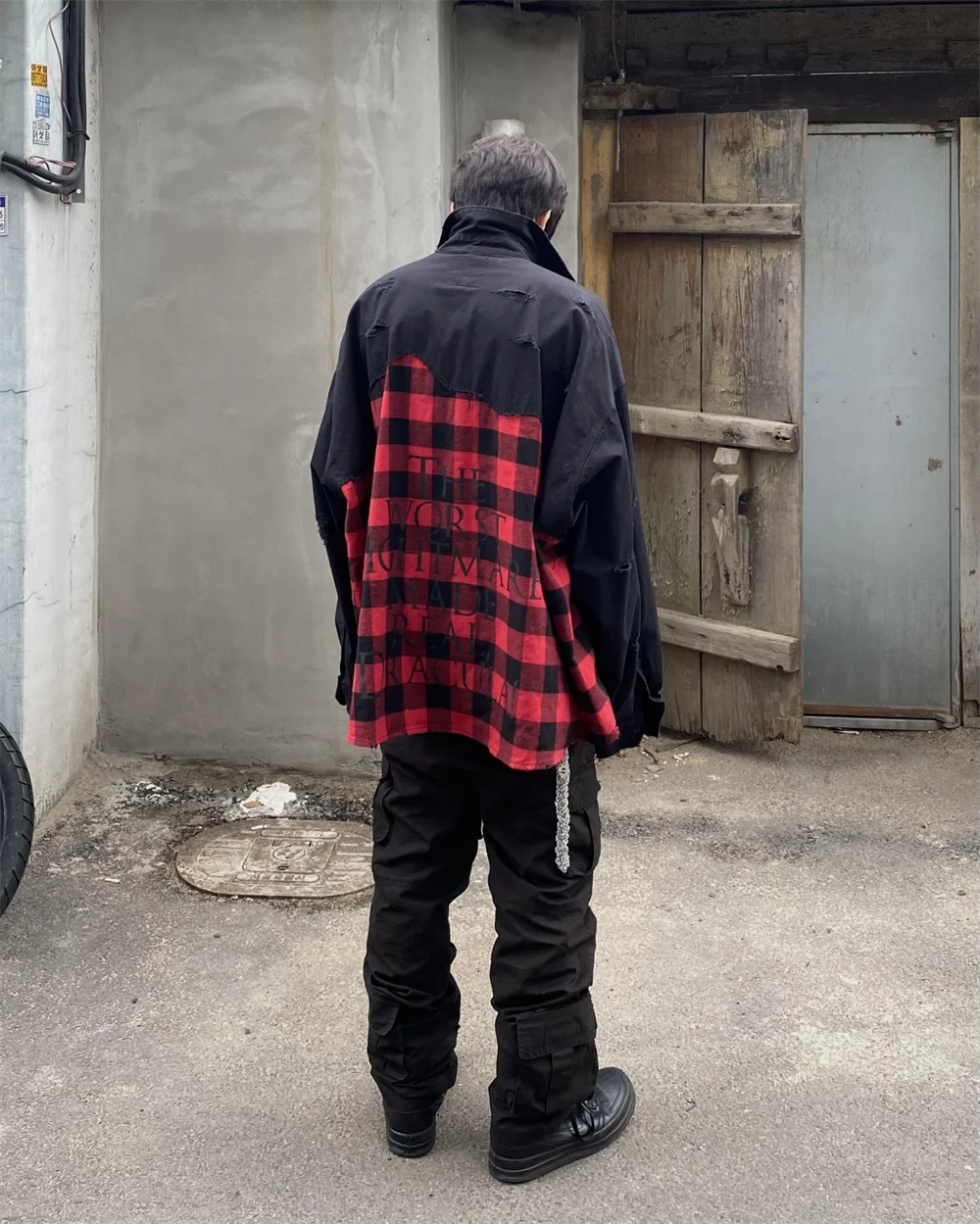 Undermycar 2023 New Worn Out Heavy Work Durable Splice Extra Large Loose Plaid Shirt with Black and Red Plaid Street King Limited