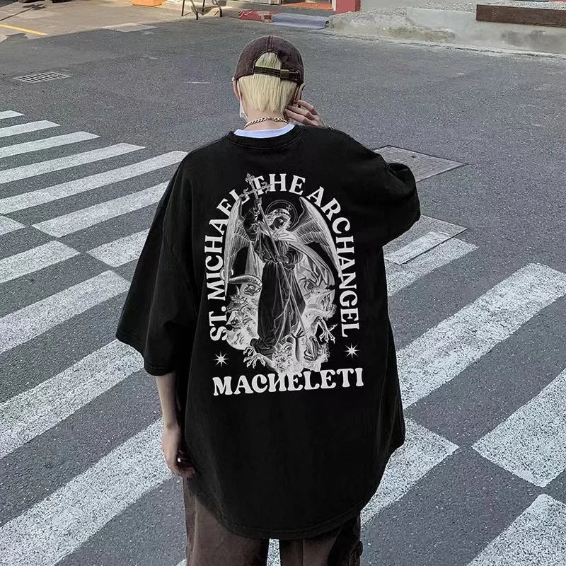 Summer Fashion Retro Gothic Print Men T-shirt Top Fashion Cotton Loose Harajuku Couple Hip Hop Y2K streetwear Short Sleeve Street King Limited