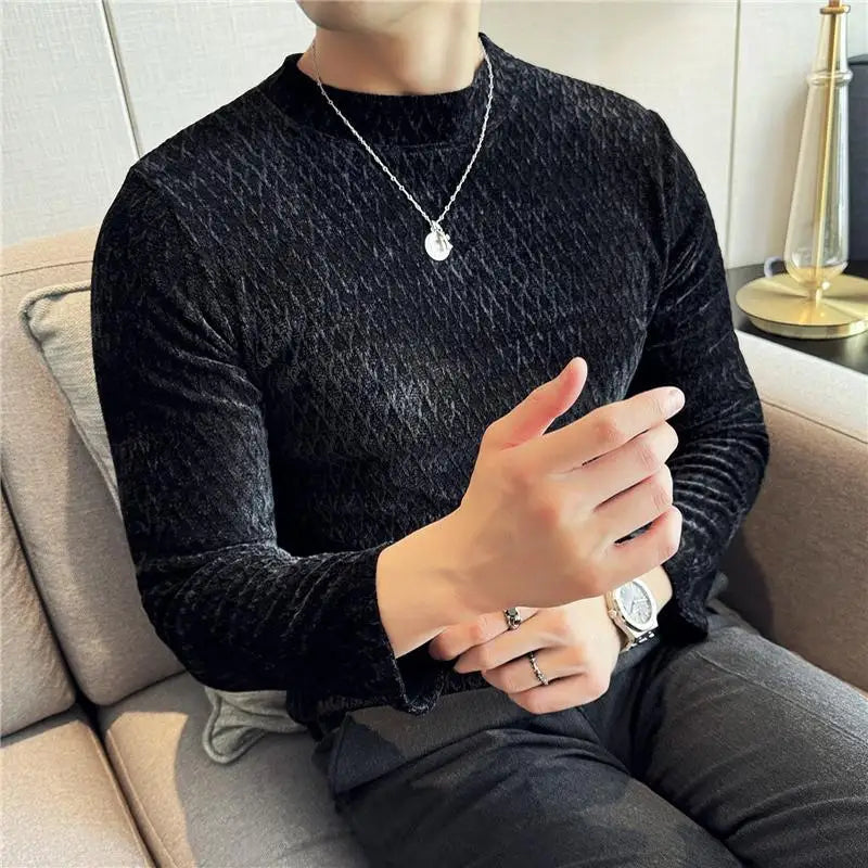 Autumn Winter Semi-turtleneck Stretch Slim Fit Long Sleeve Tshirt Men Thicken Velvet Jacquard Casual T-shirt Bottom T Shirt Street King Limited
