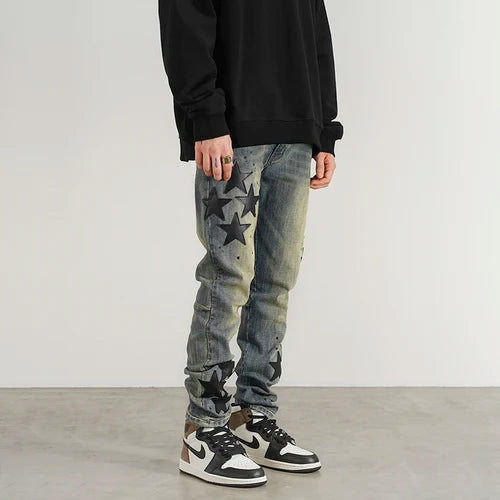 star appliques denim jeans skinny trousers slim fit men new casual biker jeans fashion streetwear hip hop trousers pants joggers unique joggers style 2536