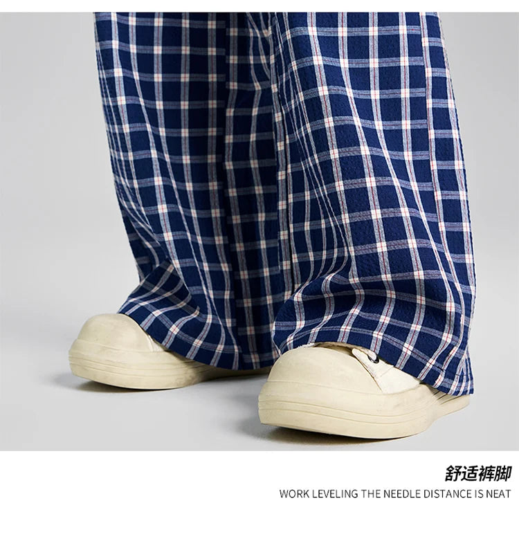 men women american streetwear fashion loose plaid wide leg straight pant boyfriend button down sports casual pants trousers unique default style 1417