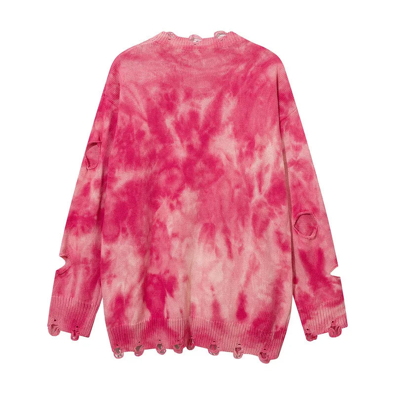 2023 Y2K Hole Knitted Sweater Hip Hop Streetwear Tie Dyed Distressed Ripped Pullover Men Harajuku Casual Knitwear Unisex Street King Limited