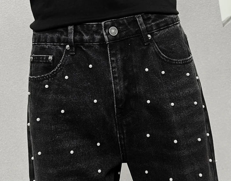 men bead streetwear fashion hip hop vibe loose casual wide leg straight denim jeans baggy pant man boyfriend jeans trousers unique jeans style 2873