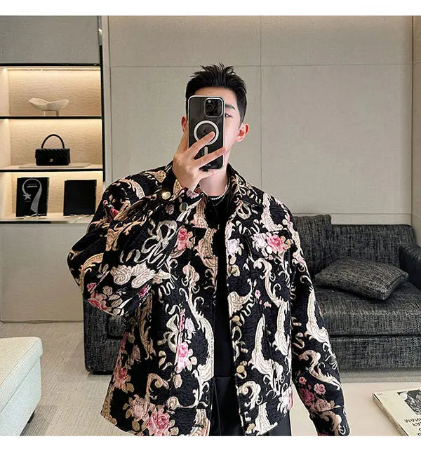 men palace style retro jacquard flower fashion show loose jacket man party dress vintage coat costumes spring autumn clothes unique default style 1234