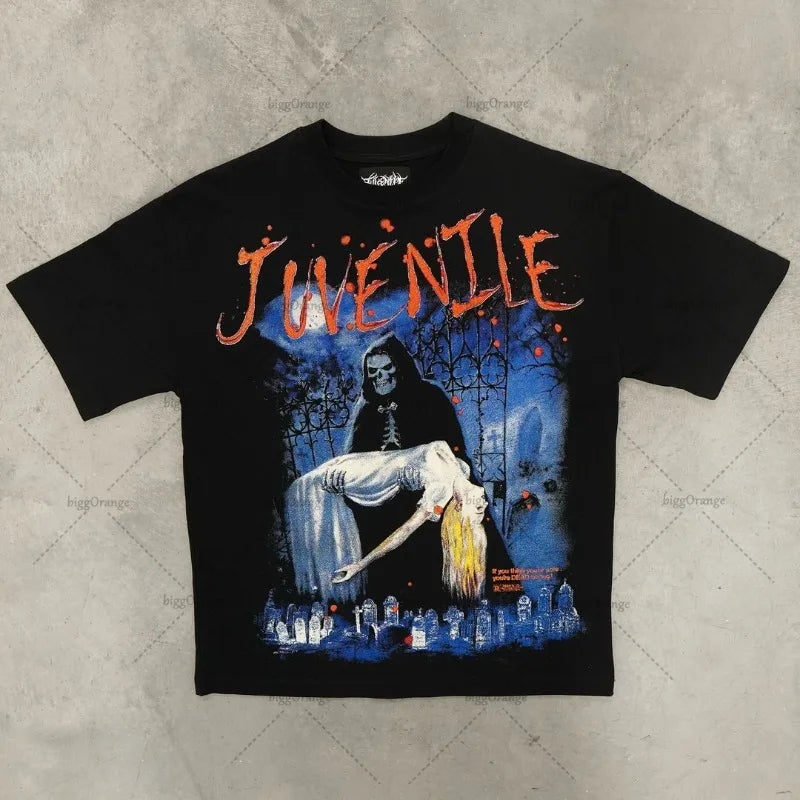 Trendy Brand Rock Punk Streetwear Y2K Harajuku Gothic Retro Pattern Printed Oversized T-shirt Men American Hip-hop Casual Tops Street King Limited