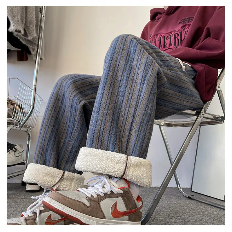 high quality stripe plaid mens trousers baggy straight fashion classic padded autumn winter casual pants male plus size m 8xl unique default style 1187