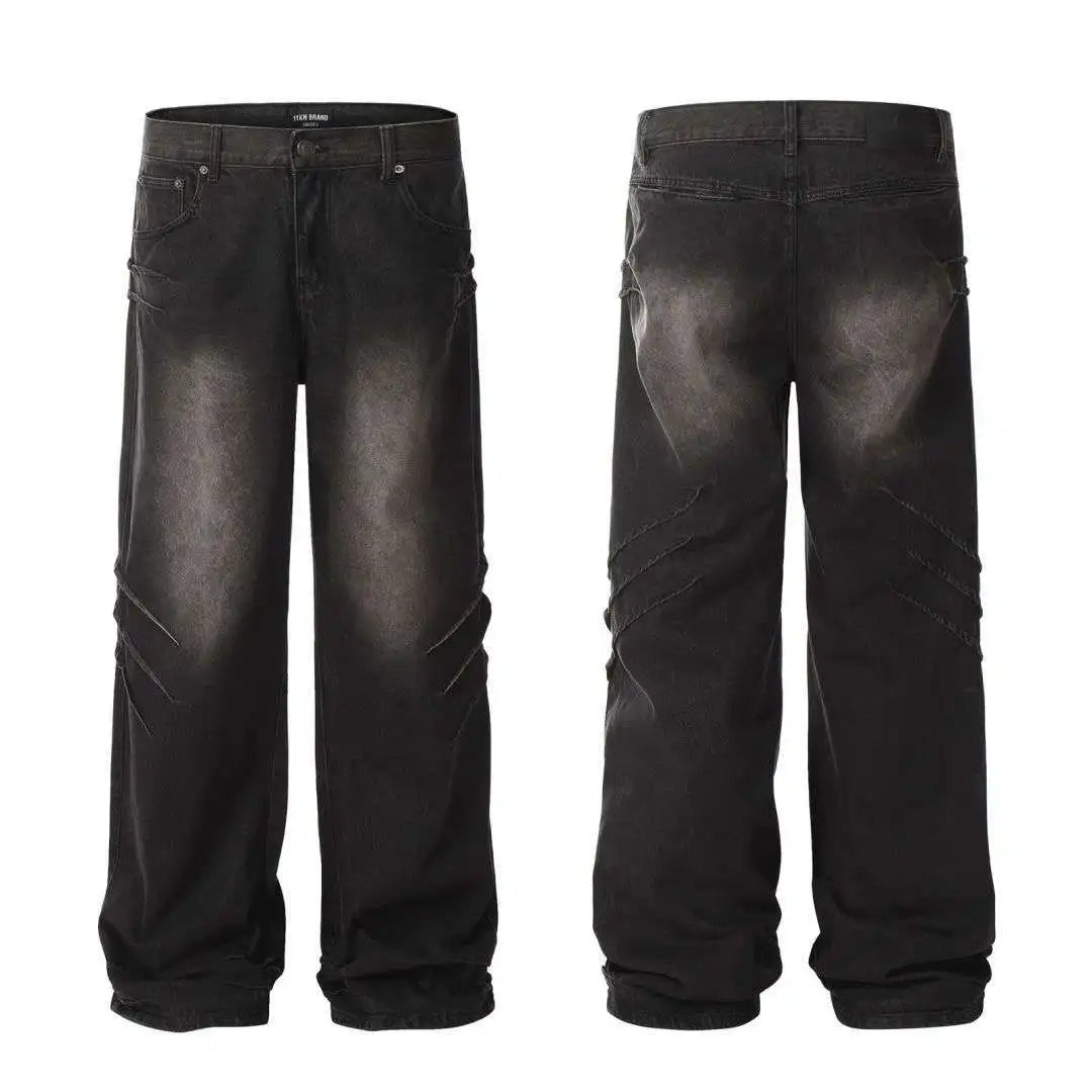 hip hop american trend retro straight leg washed denim jeans spring and autumn high street couple loose wide leg casual pants unique jeans style 597