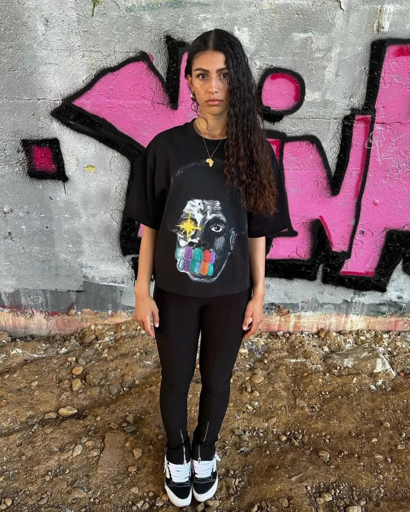 Summer American High Street Fashion Brand Round Neck Short-sleeved Y2k Harajuku Retro Anime Print Oversized Couple T-shirt Top Street King Limited