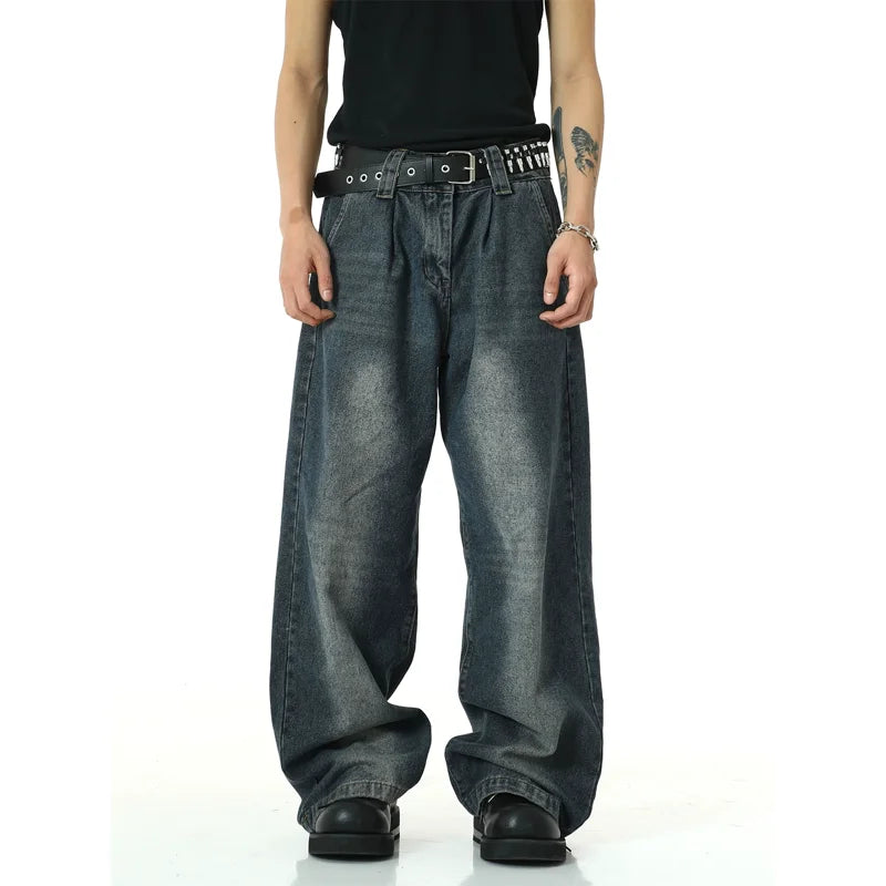 mens high street loose denim jeans unisex casual straight zipper jeans hip hop streetwear casual wide legs joggers baggy jeans unique joggers style 5079