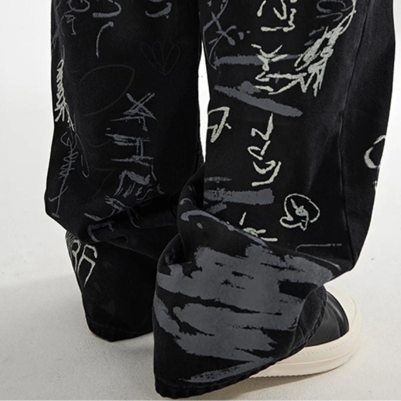 fashion graffiti printed denim jeans men unisex casual zipper wide legs straight jeans streetwear hip hop baggy pants joggers unique joggers style 4068