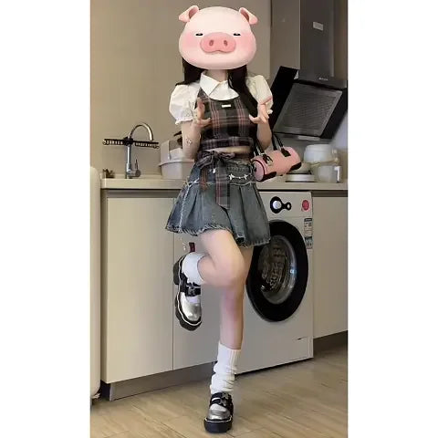 Summer gentle outfit 2023 new Korean version short sleeved shirt plaid suspender denim short skirt womens two peice skirt sets Street King Limited