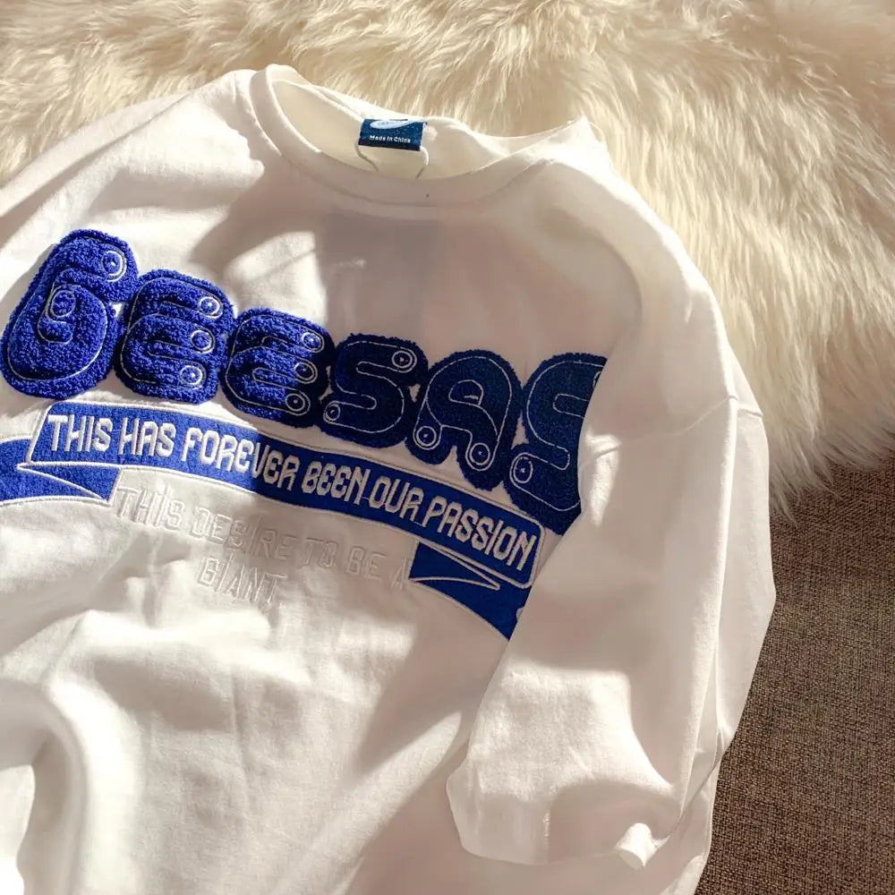 Retro Klein Blue Flocking Embroidery T Shirts Fashion Preppy Oversized Short Sleeve Tops 2022 Summer Large 3XL Casual Men Women Street King Limited