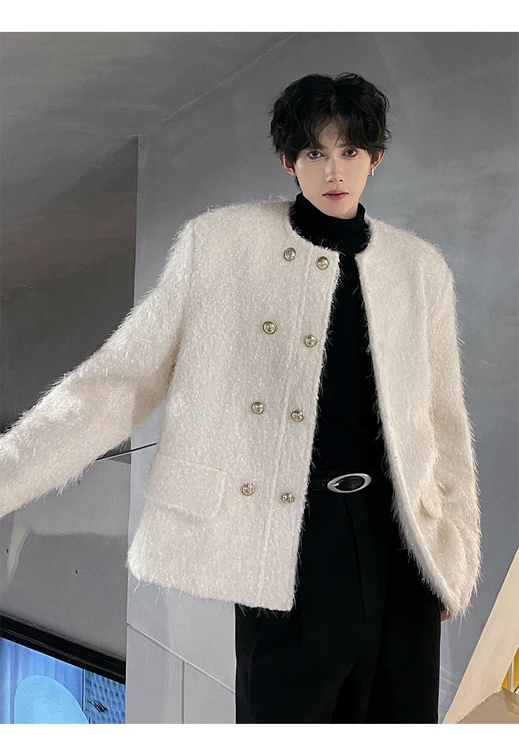 men double breasted french streetwear retro fashion loose casual tassels woolen short jacket man korean coat outerwear unique shorts style 1277