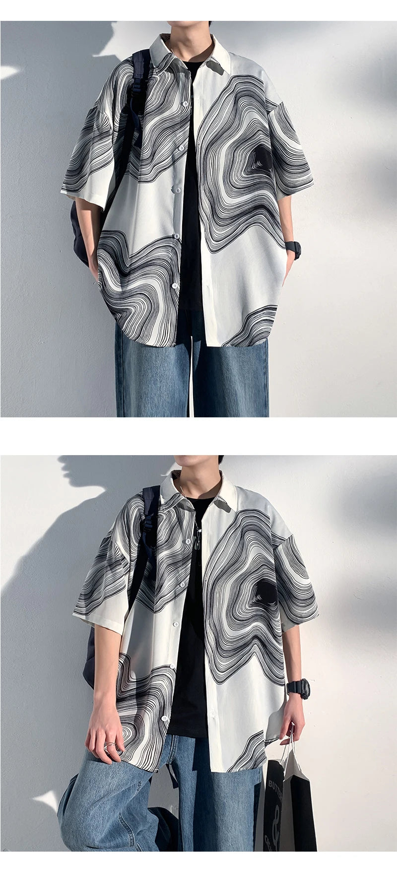 Summer Short Sleeve Shirt Men Fashion Retro Print Shirt Men Loose Black White Ice Silk Shirts Mens Hawaiian Shirt Large Size Street King Limited