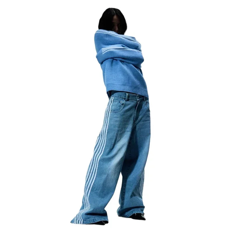 harajuku y2k baggy jeans high quality embroidered striped sweatpants baggy jeans women streetwear casual wide leg denim pants unique joggers style 3749