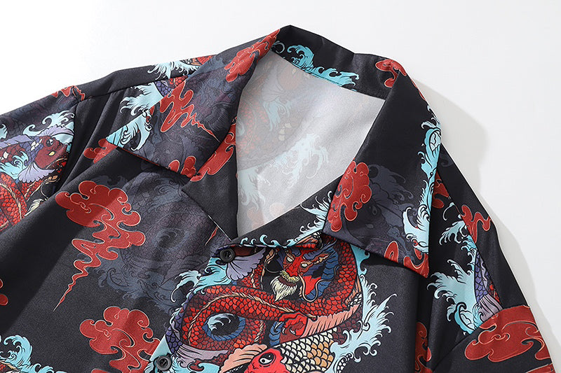Streetwear Dragon Print Hawaiian Shirt Mens Hip Hop Harajuku Streetwear Button Up Dragon Print Hawaiian Shirt Mens Hip Hop Harajuku Streetwear Button Up Beach Shirt Chinese Style Short Sleeve Casual Tops Shirt Fashion Sweater Jacket With Graphic Design For Men
