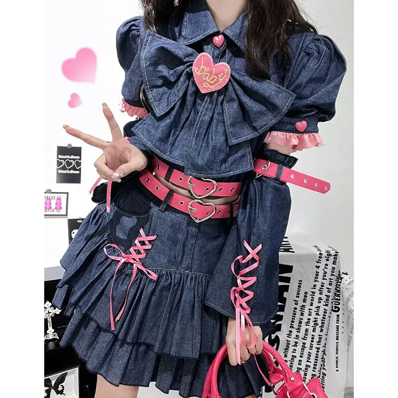 Y2K Set Sweetheart Spicy Girl dress skirt sets Women's 2023 Summer Bubble Sleeve Bowtie Campus Style 2 piece sets womens outfits Street King Limited